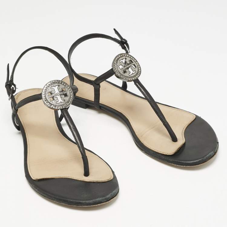Pre Owned Tory Burch Black Leather Logo Embellished Flat Thong Sandals Size 38