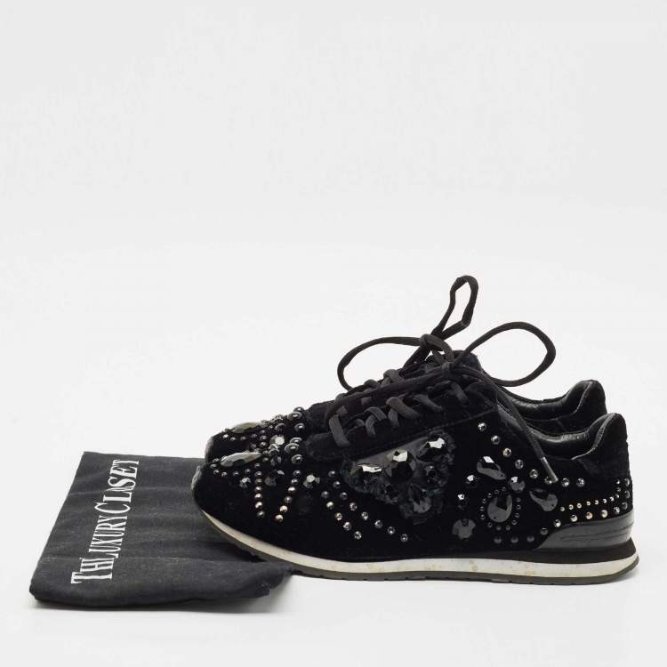 Pre Owned Tory Burch Black Velvet Scarlett Crystal Embellished Sneakers Size 37.5