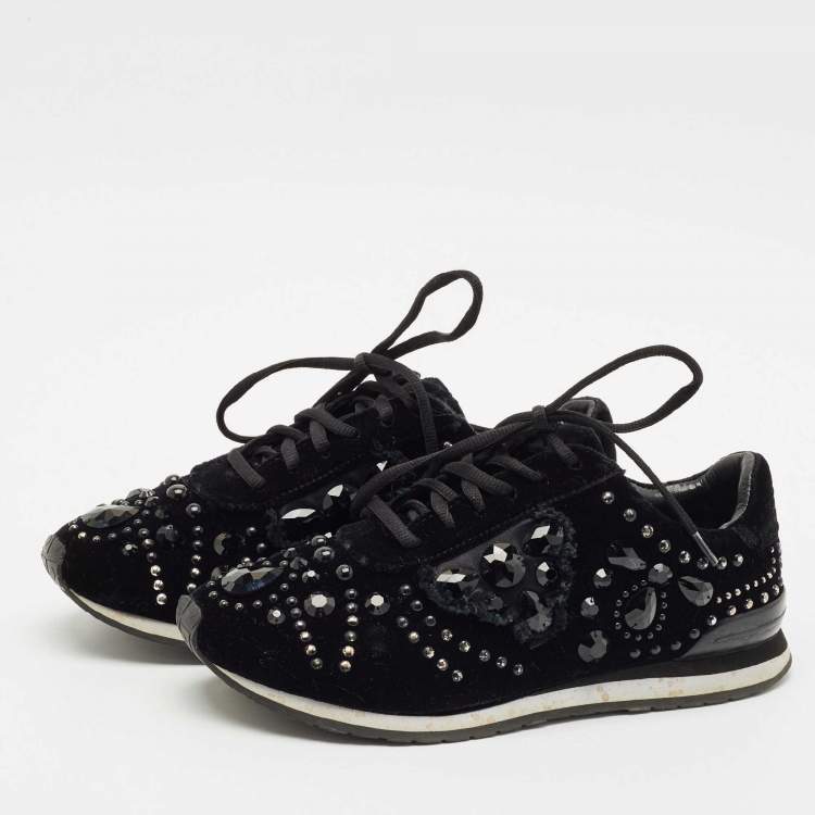 Pre Owned Tory Burch Black Velvet Scarlett Crystal Embellished Sneakers Size 37.5