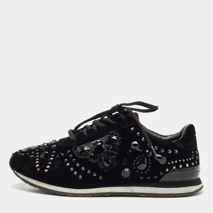 Pre Owned Tory Burch Black Velvet Scarlett Crystal Embellished Sneakers Size 37.5