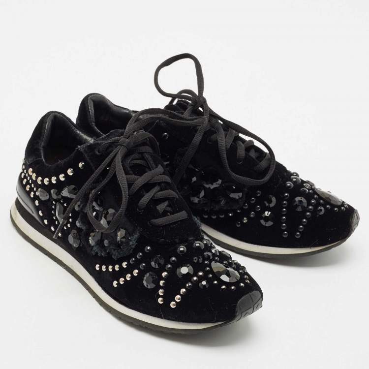 Pre Owned Tory Burch Black Velvet Scarlett Crystal Embellished Sneakers Size 37.5