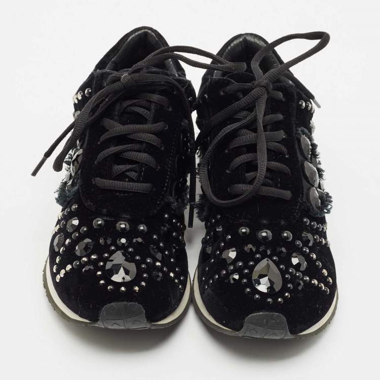 Pre Owned Tory Burch Black Velvet Scarlett Crystal Embellished Sneakers Size 37.5