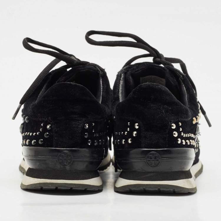 Pre Owned Tory Burch Black Velvet Scarlett Crystal Embellished Sneakers Size 37.5