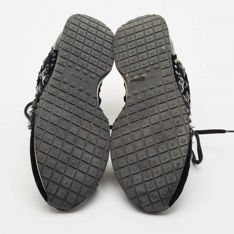 Pre Owned Tory Burch Black Velvet Scarlett Crystal Embellished Sneakers Size 37.5