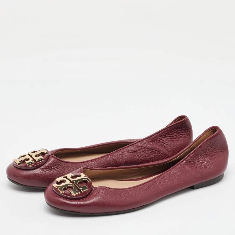 Pre Owned Tory Burch Dark Red Leather Reva Ballet Flats Size 36