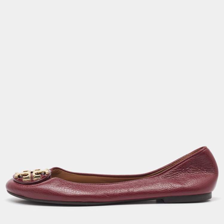 Pre Owned Tory Burch Dark Red Leather Reva Ballet Flats Size 36