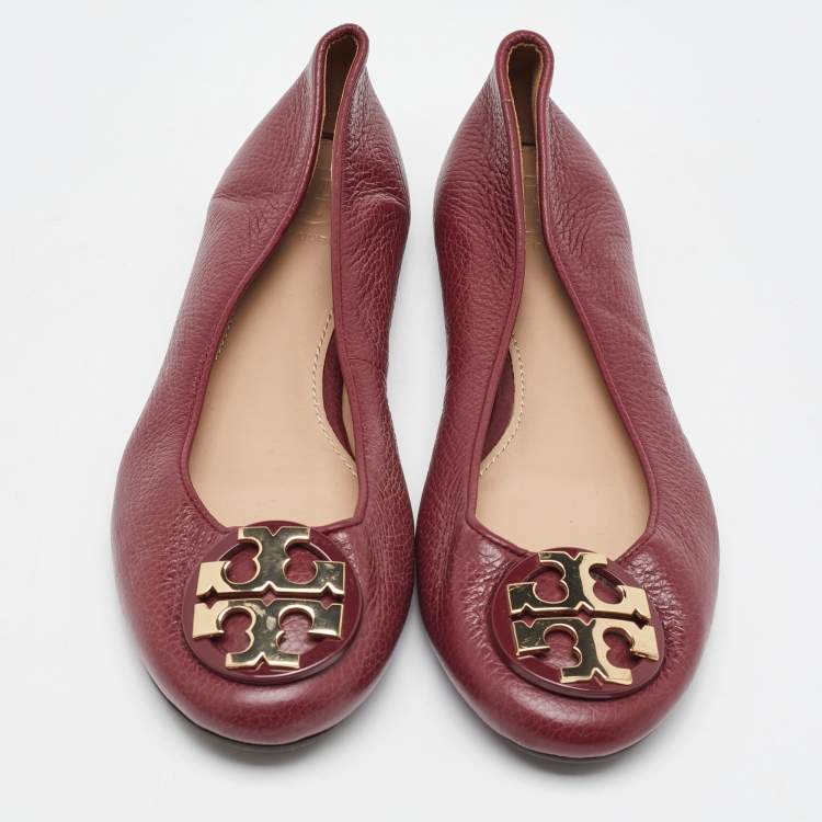 Pre Owned Tory Burch Dark Red Leather Reva Ballet Flats Size 36