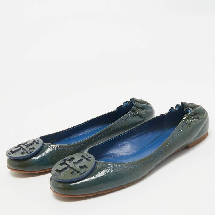 Pre Owned Tory Burch Dark Green Patent Leather Minnie Ballet Flats Size 39