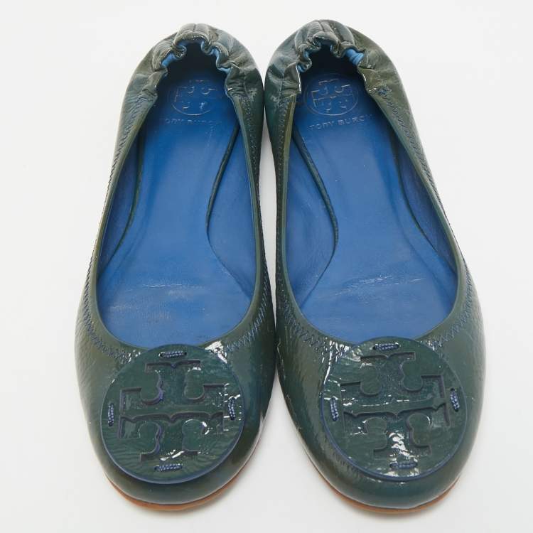 Pre Owned Tory Burch Dark Green Patent Leather Minnie Ballet Flats Size 39