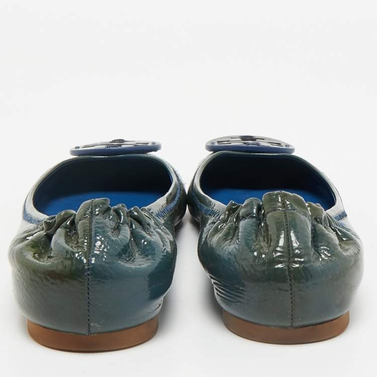 Pre Owned Tory Burch Dark Green Patent Leather Minnie Ballet Flats Size 39