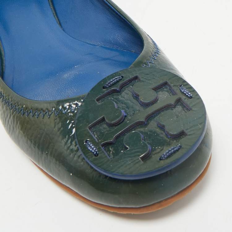 Pre Owned Tory Burch Dark Green Patent Leather Minnie Ballet Flats Size 39