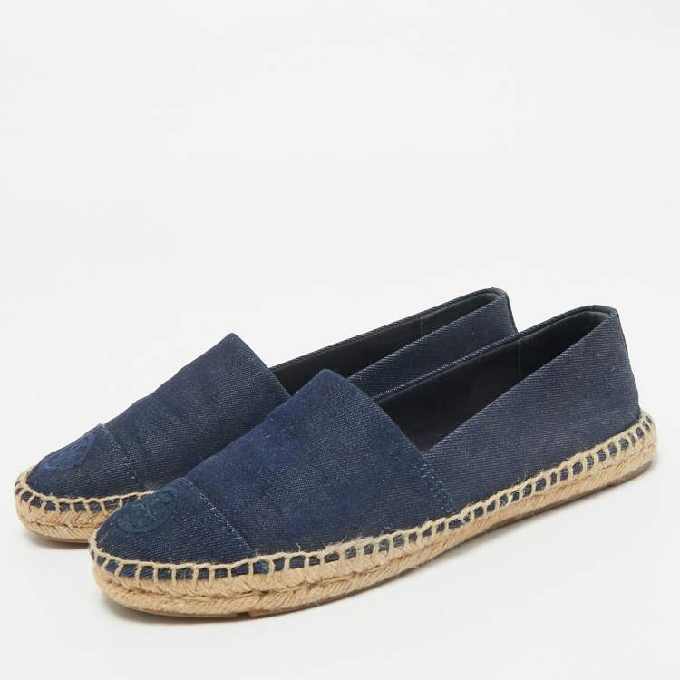 Pre Owned Tory Burch Navy Blue Denim Slip On Espadrille Flats Size 38.5