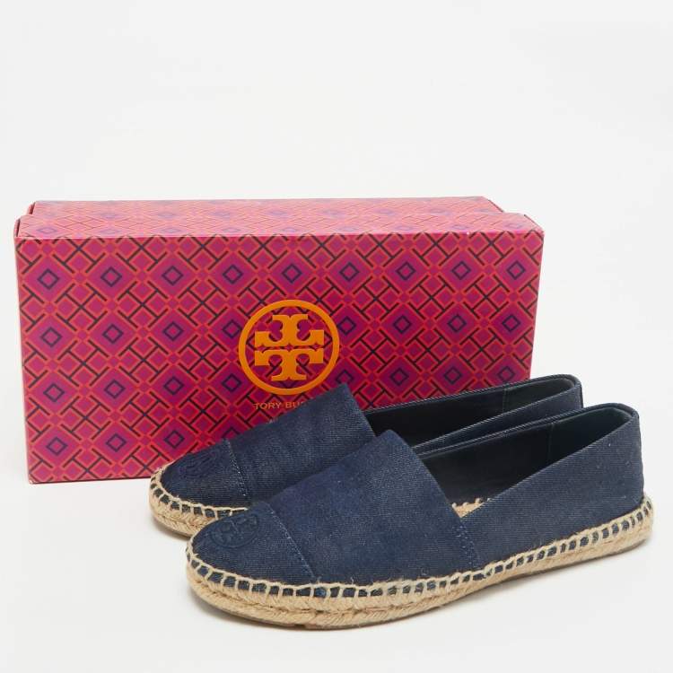 Pre Owned Tory Burch Navy Blue Denim Slip On Espadrille Flats Size 38.5