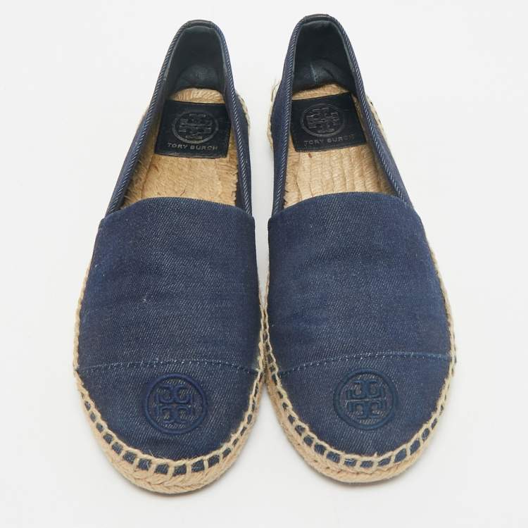 Pre Owned Tory Burch Navy Blue Denim Slip On Espadrille Flats Size 38.5