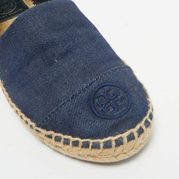 Pre Owned Tory Burch Navy Blue Denim Slip On Espadrille Flats Size 38.5