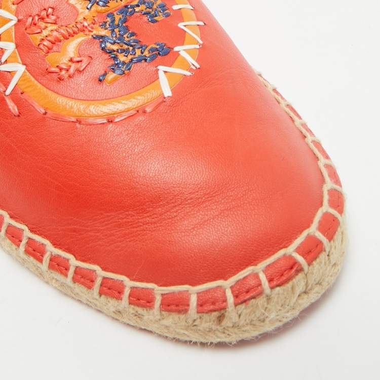 Pre Owned Tory Burch Orange Leather Daley Logo Espadrille Flats Size 39