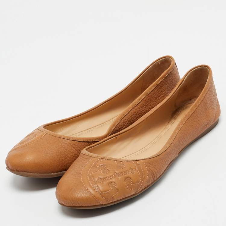 Pre Owned Tory Burch Tan Leather Logo Embossed Ballet Flats Size 38.5