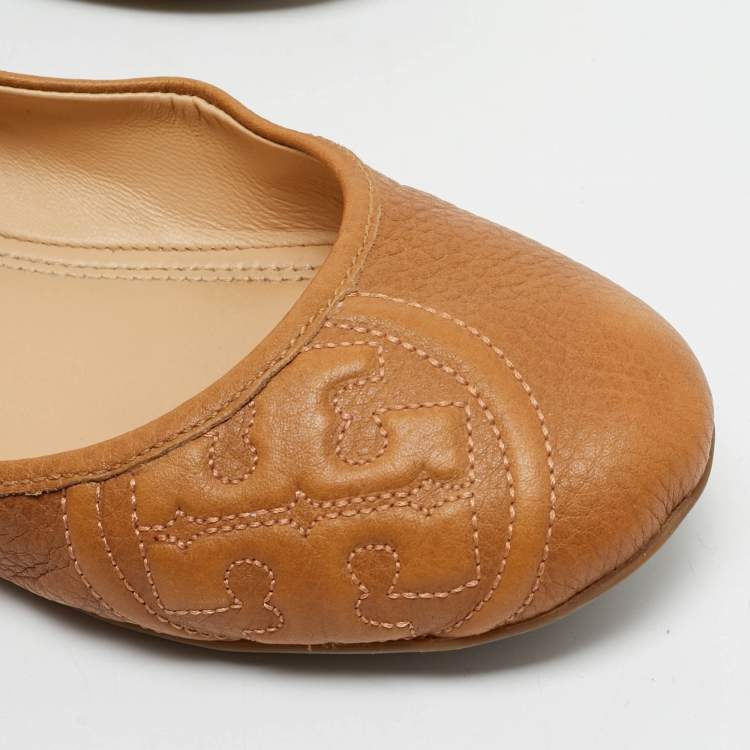 Pre Owned Tory Burch Tan Leather Logo Embossed Ballet Flats Size 38.5