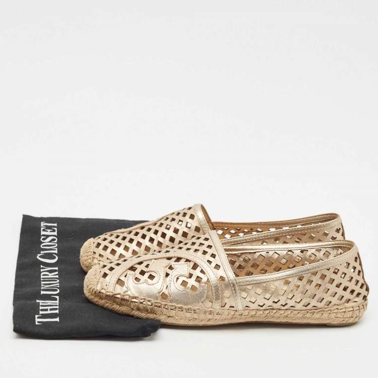 Pre Owned Tory Burch Gold Leather Laser Cut Espadrille Flats Size 40