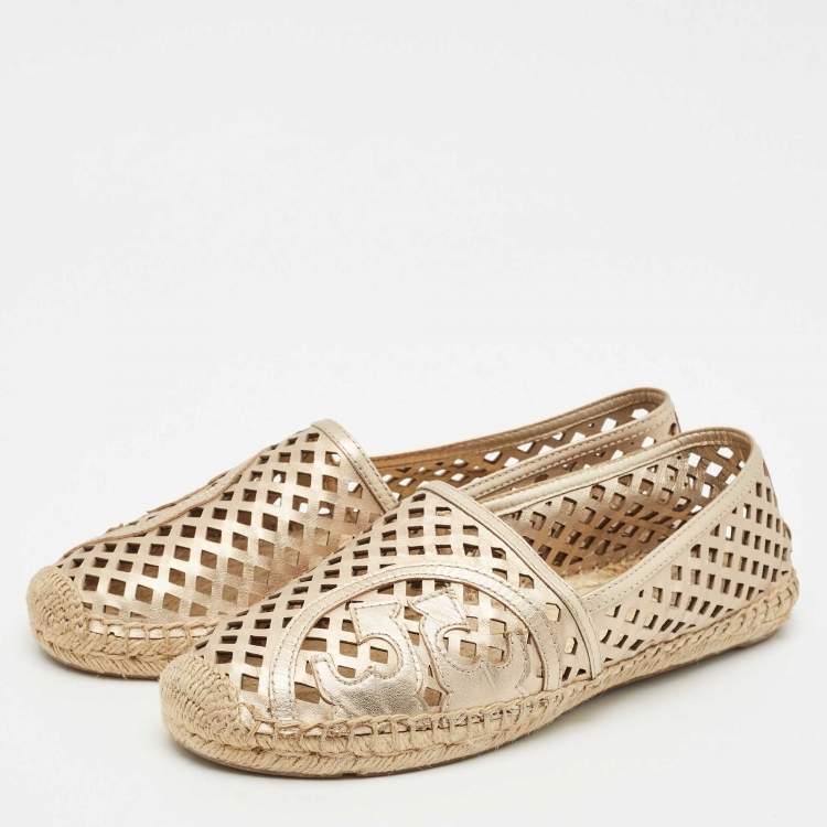 Pre Owned Tory Burch Gold Leather Laser Cut Espadrille Flats Size 40