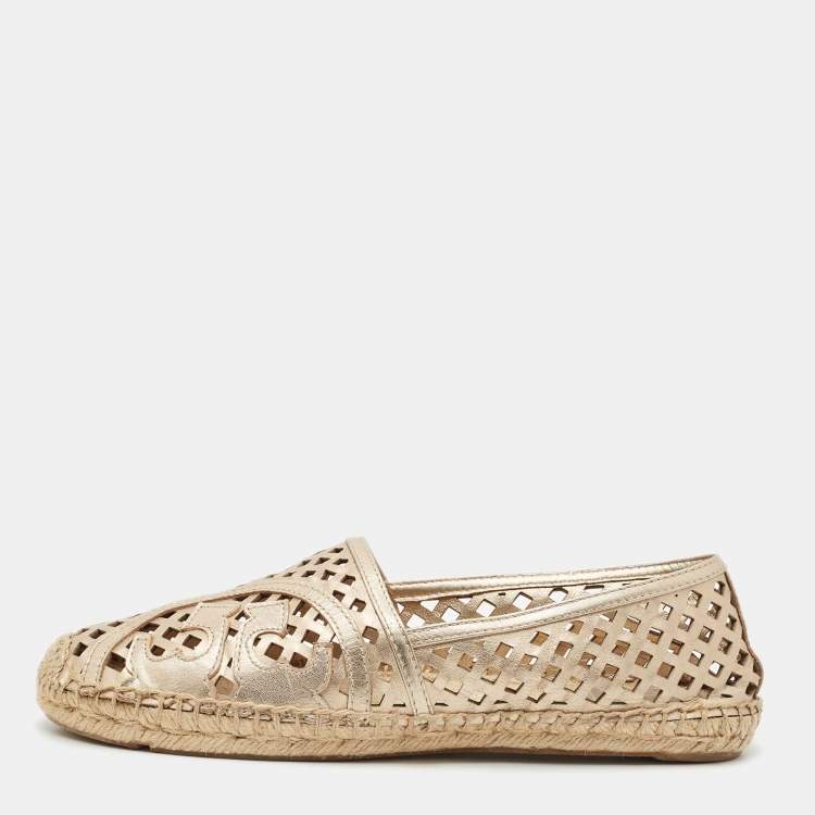 Pre Owned Tory Burch Gold Leather Laser Cut Espadrille Flats Size 40