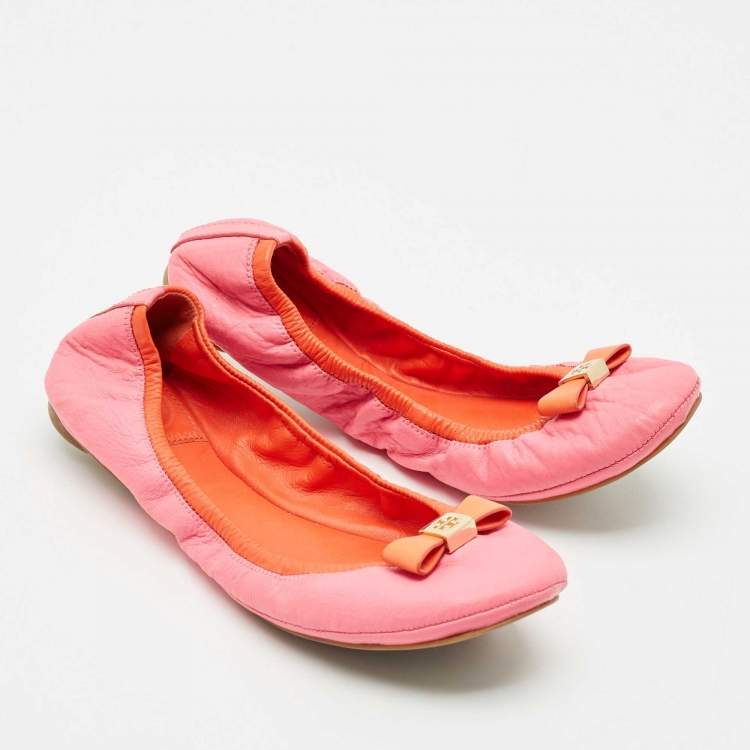 Pre Owned Tory Burch Pink/Orange Leather Bow Scrunch Ballet Flats Size 38.5