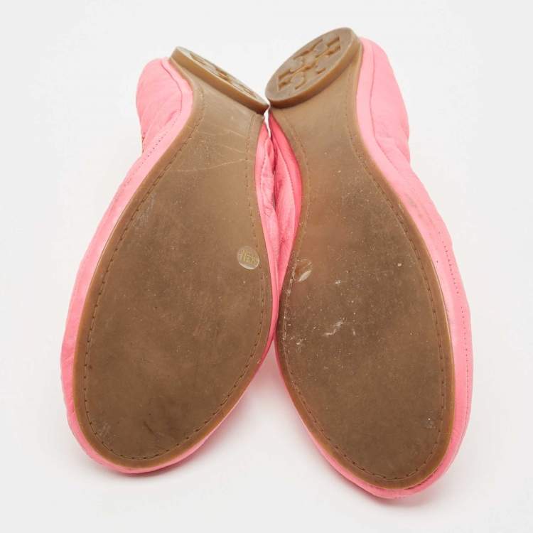Pre Owned Tory Burch Pink/Orange Leather Bow Scrunch Ballet Flats Size 38.5