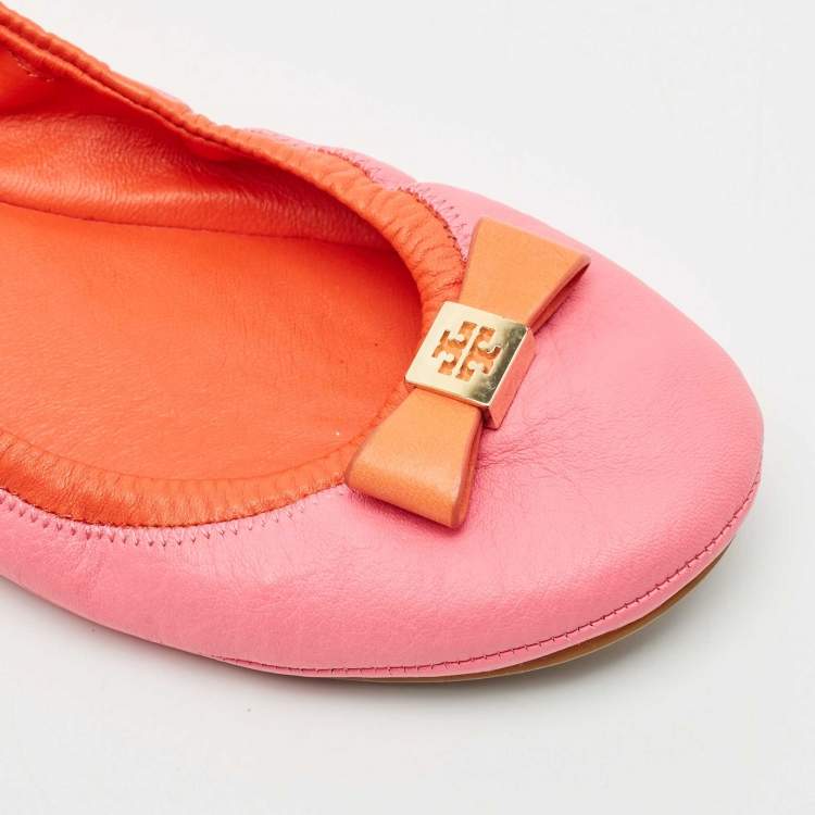 Pre Owned Tory Burch Pink/Orange Leather Bow Scrunch Ballet Flats Size 38.5