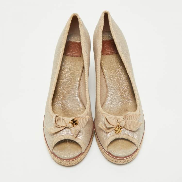Pre Owned Tory Burch Grey Canvas Jackie Bow Peep Toe Wedge Espadrille Pumps Size 40