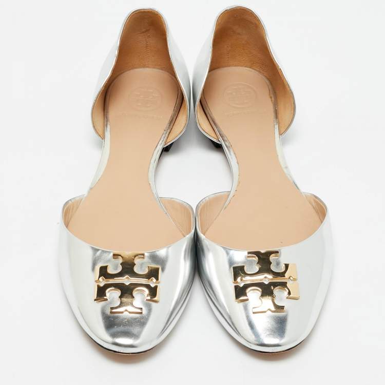 Pre Owned Tory Burch Silver Leather Raleigh Flats Size 38.5