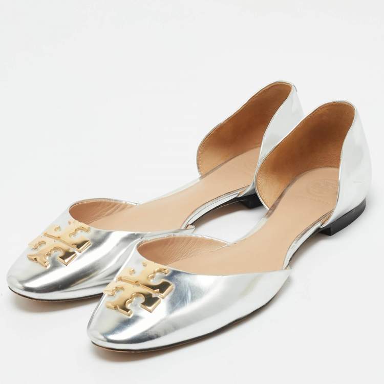 Pre Owned Tory Burch Silver Leather Raleigh Flats Size 38.5