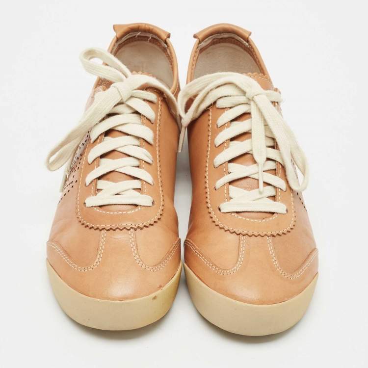 Pre Owned Tory Burch Brown Leather Murphey Low Top Sneakers Size 39