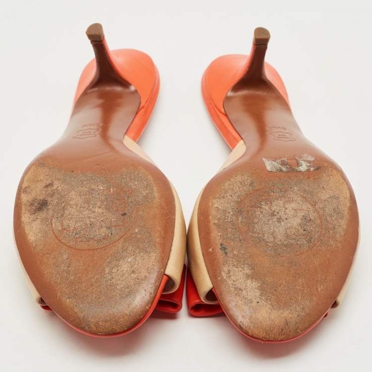 Pre Owned Tory Burch Beige/Orange Leather Bow Slide Sandals Size 39.5