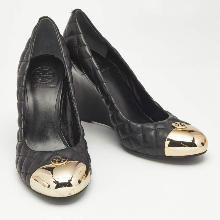 Pre Owned Tory Burch Black Quilted Leather Kaitlin Cap Toe Wedge Pumps Size 39