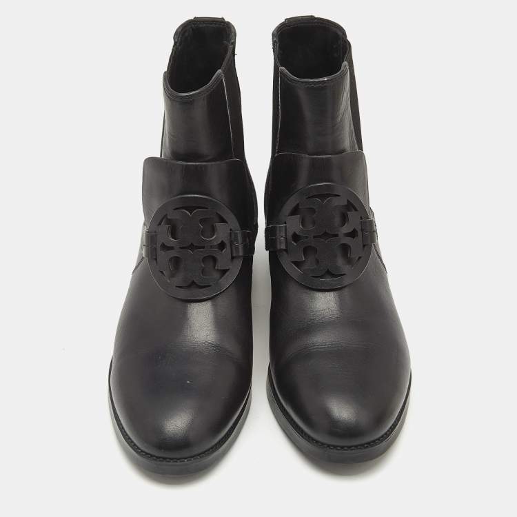 Pre Owned Tory Burch Black Leather Miller Ankle Length Boots Size 39