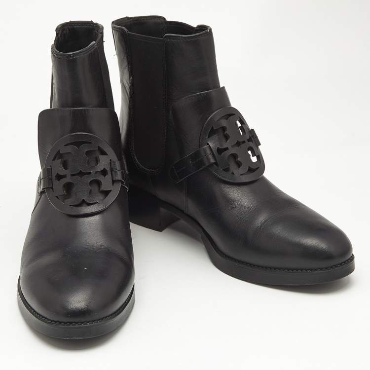 Pre Owned Tory Burch Black Leather Miller Ankle Length Boots Size 39