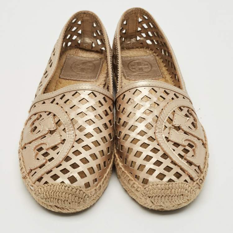 Pre Owned Tory Burch Gold Perforated Leather Espadrille Flats Size 36.5