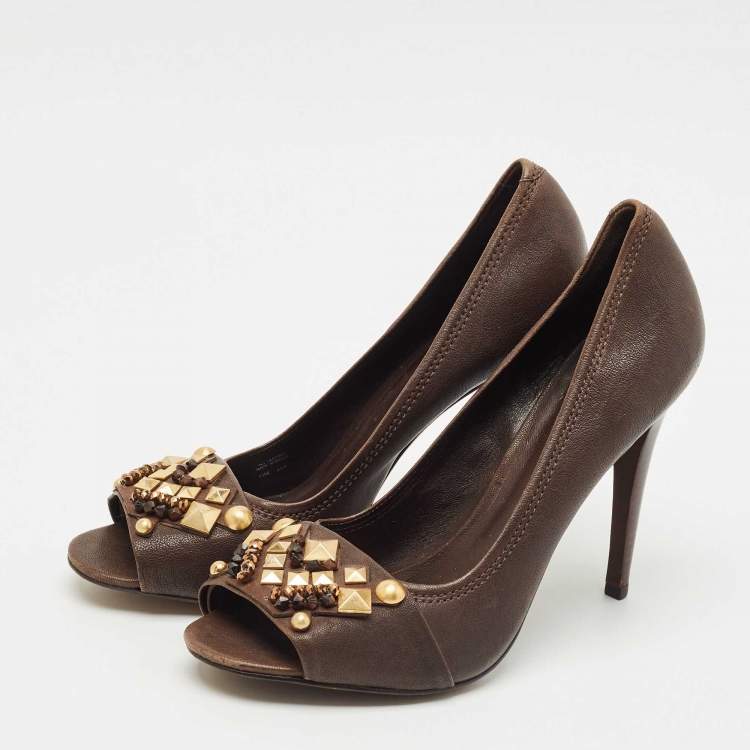 Pre Owned Tory Burch Dark Brown Leather Embellished Open Toe Pumps Size 41