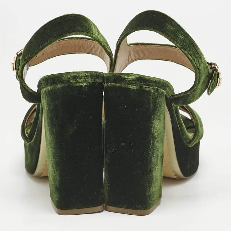 Pre Owned Tory Burch Green Velvet Platform Ankle Strap Sandals Size 38