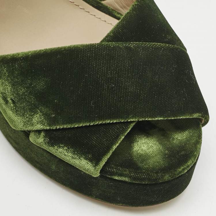 Pre Owned Tory Burch Green Velvet Platform Ankle Strap Sandals Size 38
