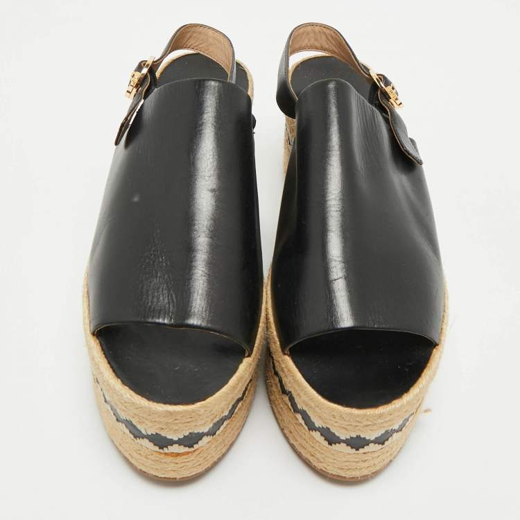 Pre Owned Tory Burch Black Leather Wedge Espadrille Sandals Size 40