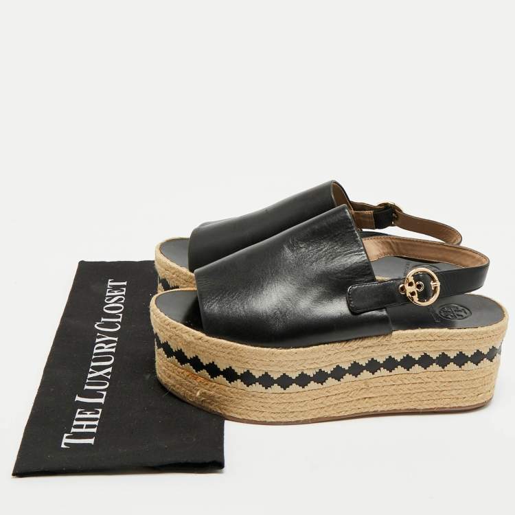 Pre Owned Tory Burch Black Leather Wedge Espadrille Sandals Size 40
