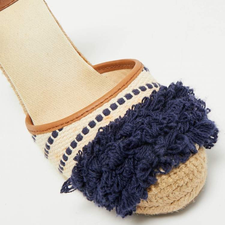 Pre Owned Tory Burch Multicolor Canvas And Leather Trim Wedge Espadrille Sandals Size 38