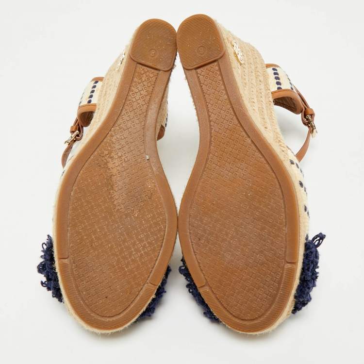 Pre Owned Tory Burch Multicolor Canvas And Leather Trim Wedge Espadrille Sandals Size 38