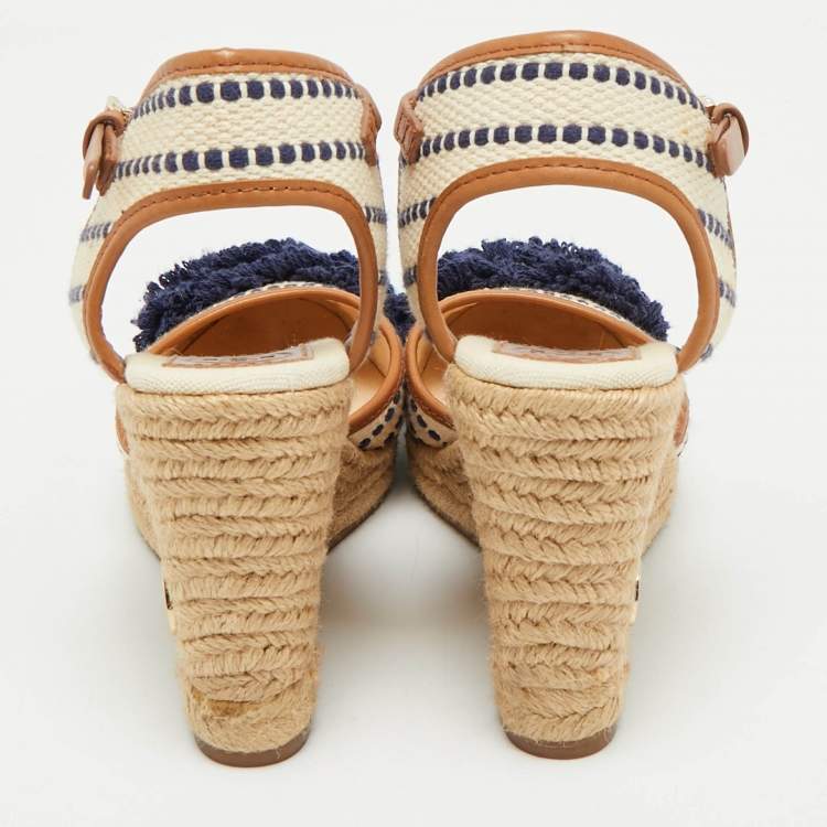 Pre Owned Tory Burch Multicolor Canvas And Leather Trim Wedge Espadrille Sandals Size 38