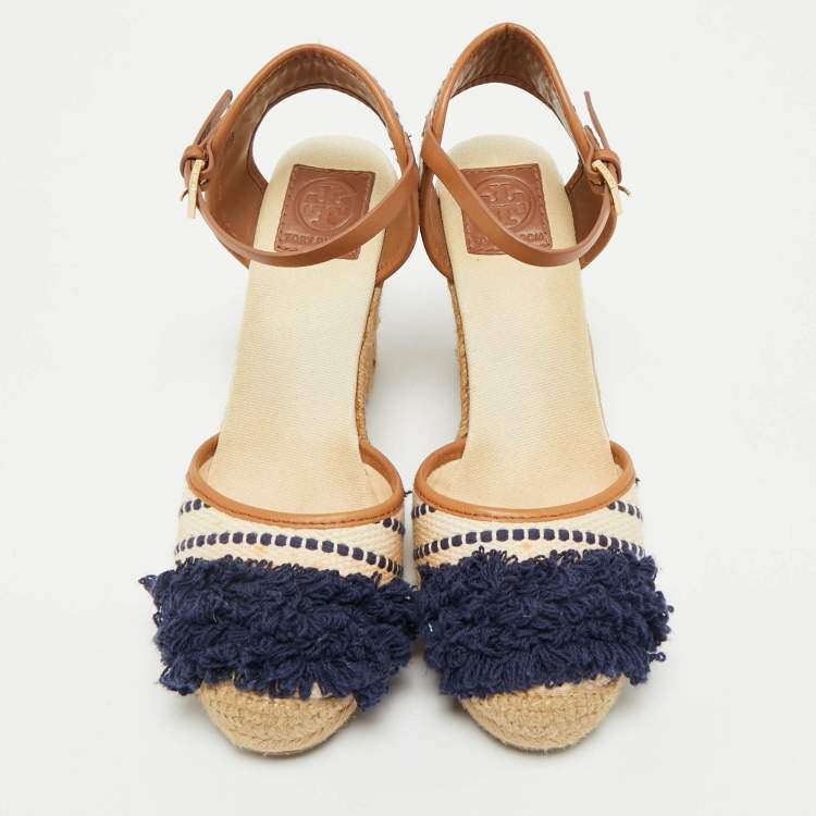 Pre Owned Tory Burch Multicolor Canvas And Leather Trim Wedge Espadrille Sandals Size 38