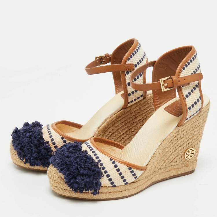 Pre Owned Tory Burch Multicolor Canvas And Leather Trim Wedge Espadrille Sandals Size 38