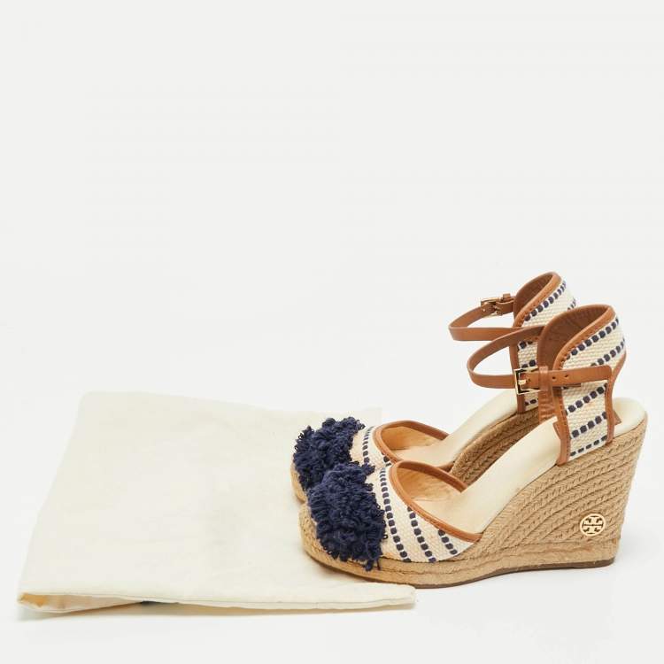 Pre Owned Tory Burch Multicolor Canvas And Leather Trim Wedge Espadrille Sandals Size 38