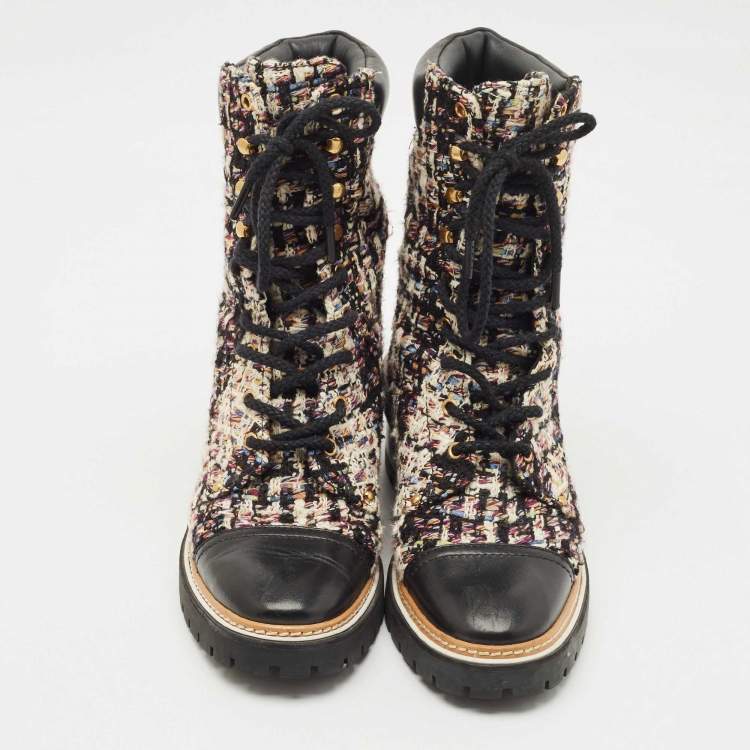 Pre Owned Tory Burch Multicolor Tweed and Leather Miller Lug Sole Combat Boots Size 39