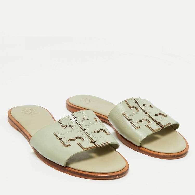 Pre Owned Tory Burch Mint Green Leather Ines Flat Slides Size 39